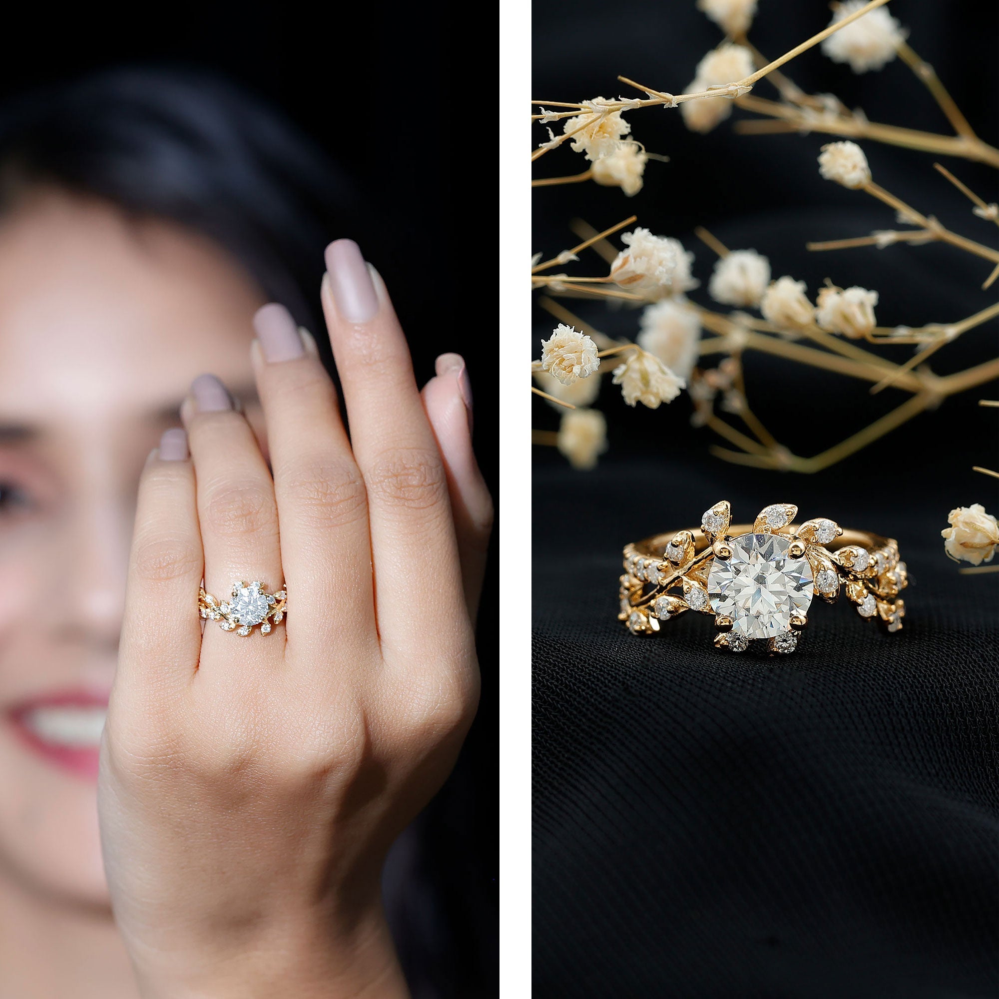 1.3 Carat Round Cut Moissanite Vine Engagement Ring for Women