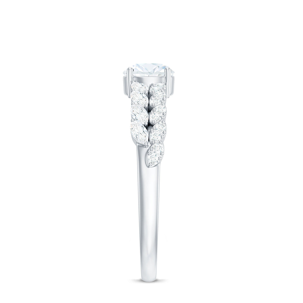 Round Shape Moissanite Engagement Ring with Marquise Side Stones