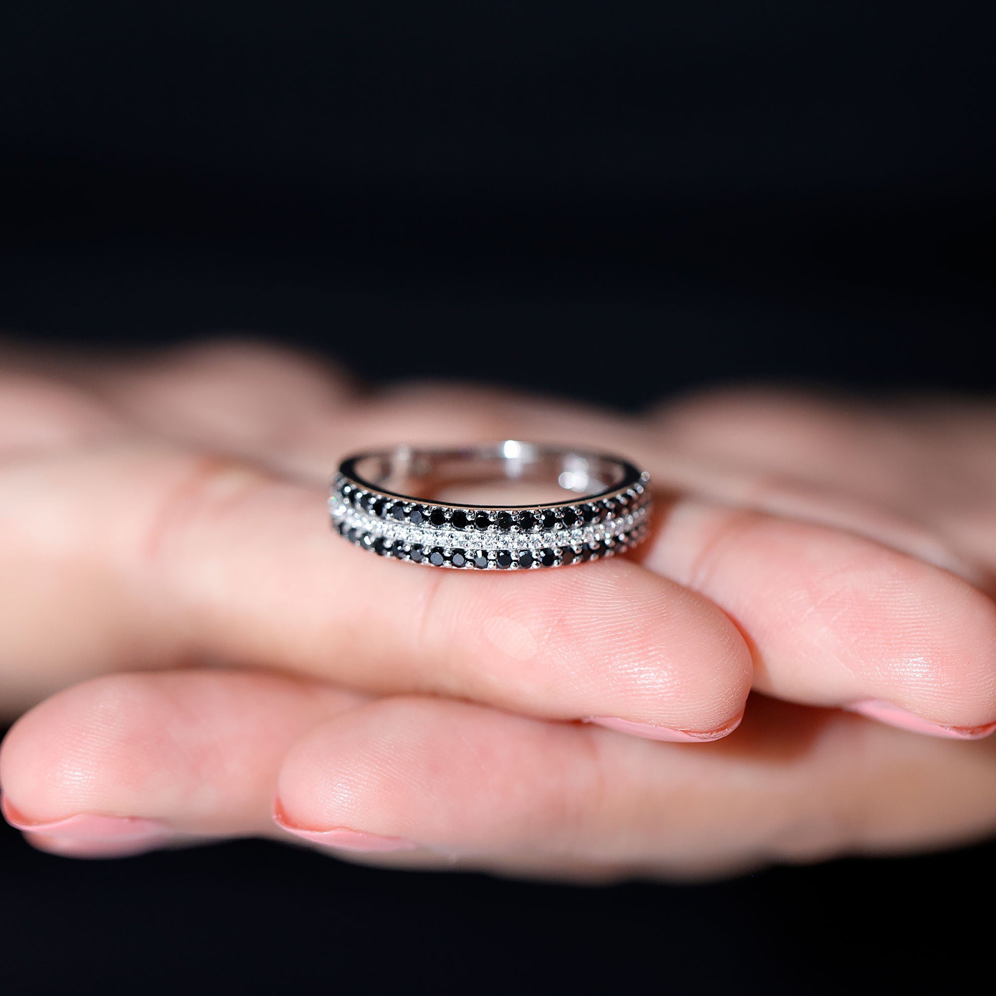 Certified Lab Grown Black and White Diamond Three Row Wedding Band