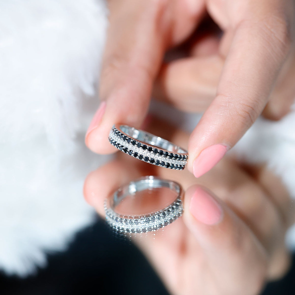 Certified Lab Grown Black and White Diamond Three Row Wedding Band