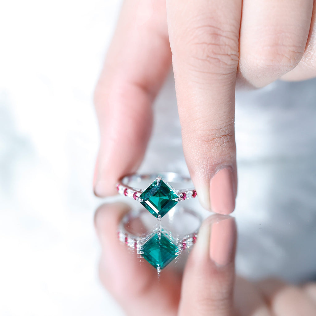 6 Carat Lab Created Emerald Engagement Ring with Lab Ruby and Diamond