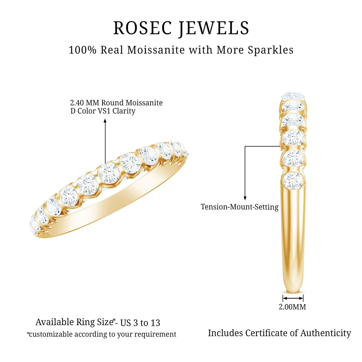 Certified Round Moissanite Half Eternity Wedding Band