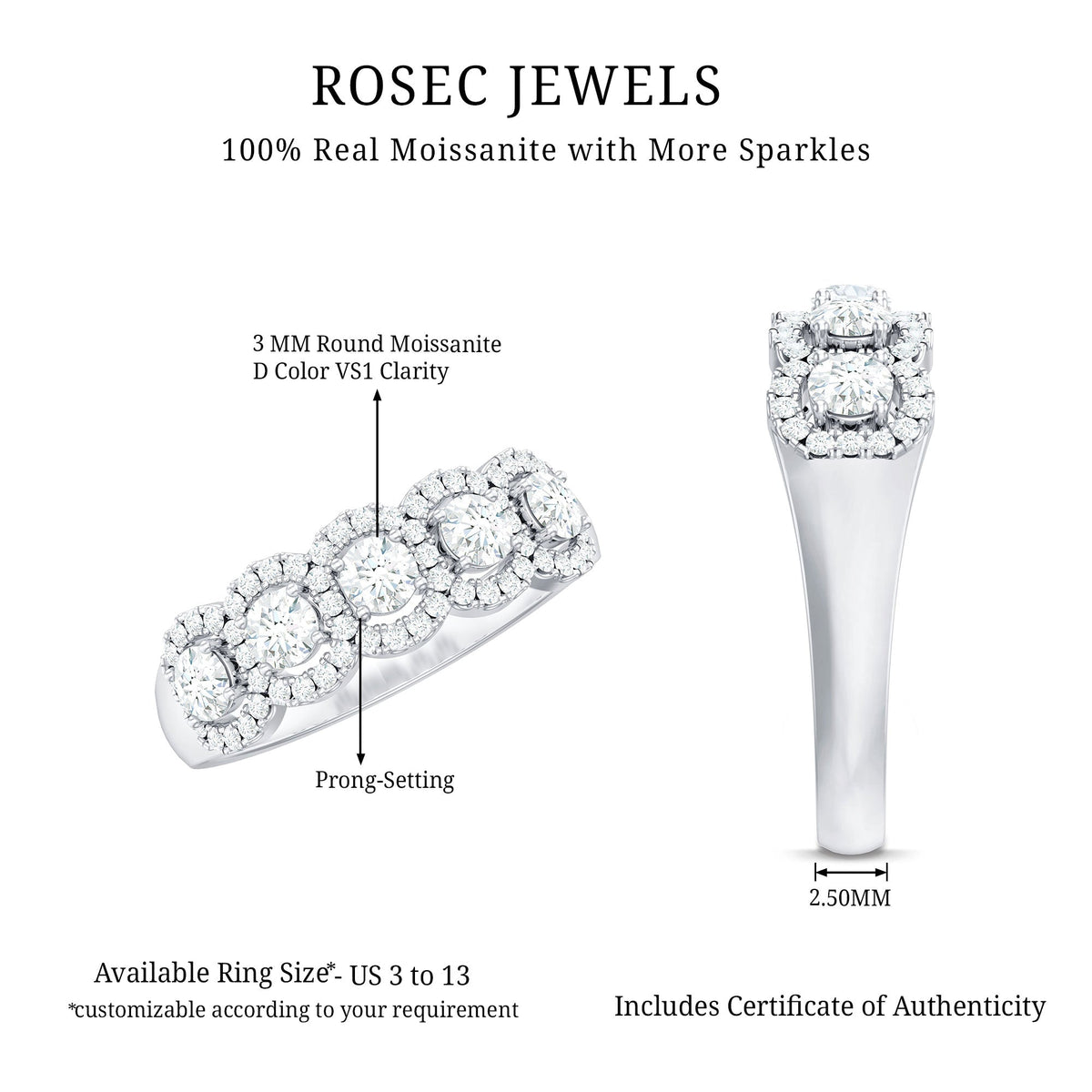 Round Cut Moissanite 5 Stone Anniversary Ring with Halo