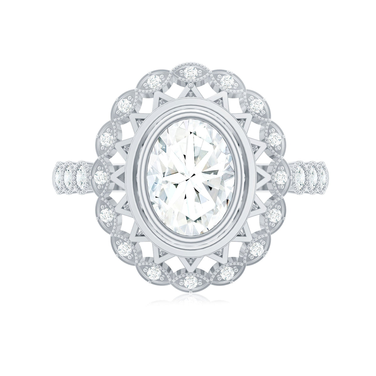 Oval Moissanite Retro Engagement Ring in Beaded Bezel Setting