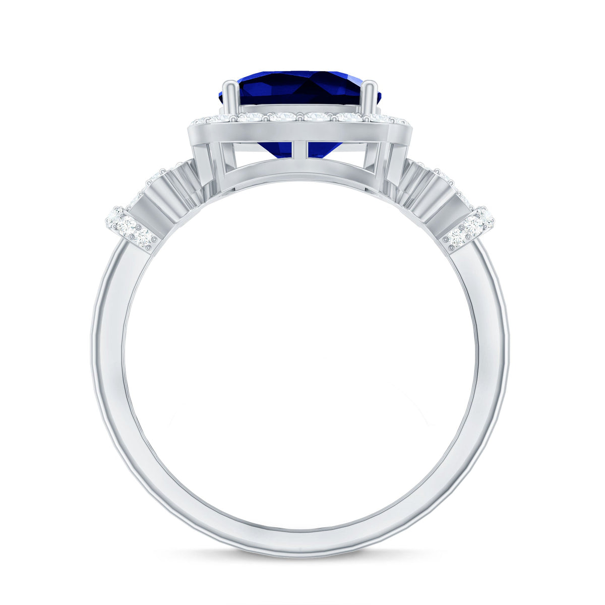 2.7 Carat Cushion Cut Created Blue Sapphire Engagement Ring with Diamond Accent