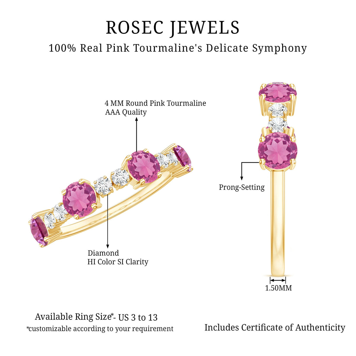 Alternate Semi Eternity Ring with Pink Tourmaline and Diamond