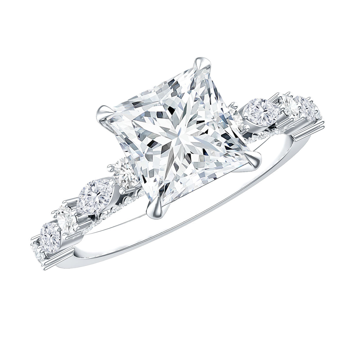 Certified Princess Cut Moissanite Engagement Ring with Side Stones