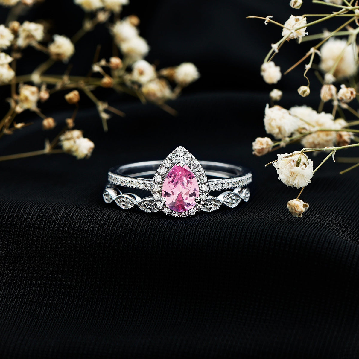 Lab Grown Pink Sapphire Pear Shaped Engagement Ring Set