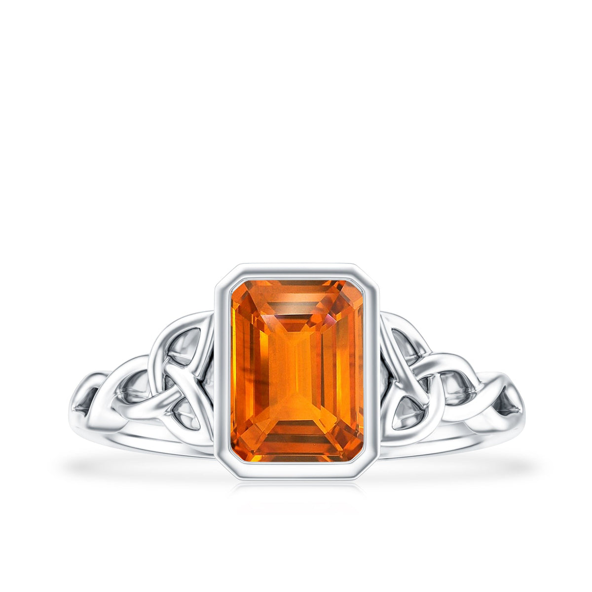 1.75 Carat Emerald Cut Lab Grown Orange Sapphire Diamond Bezel Set Engagement Ring