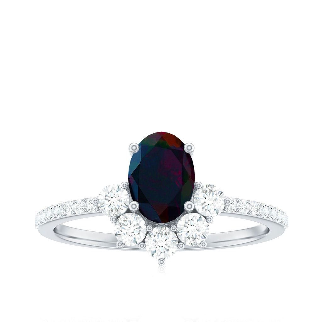 Oval Black Opal and Diamond Half Halo Engagement Ring