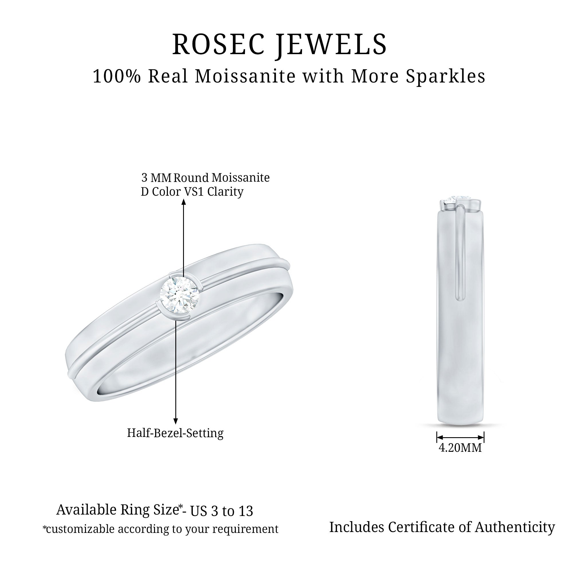 Bezel Set Round Moissanite Mens Wedding Band Ring