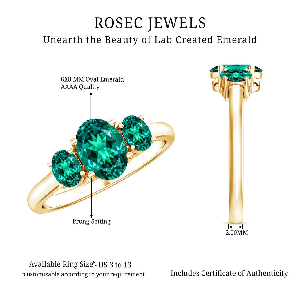AAAA Quality Oval Cut Lab Created Emerald Three Stone Ring for Women