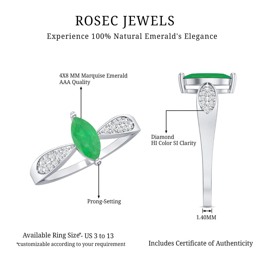 Genuine Emerald Diamond Marquise Engagement Ring with Pinched Shank