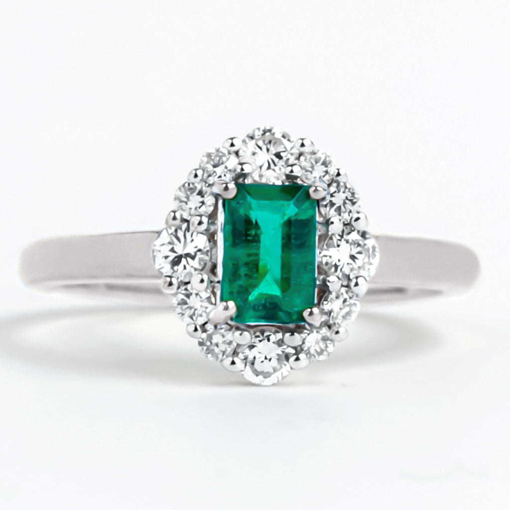Classic Emerald Cut Emerald Engagement Ring with Diamond Halo