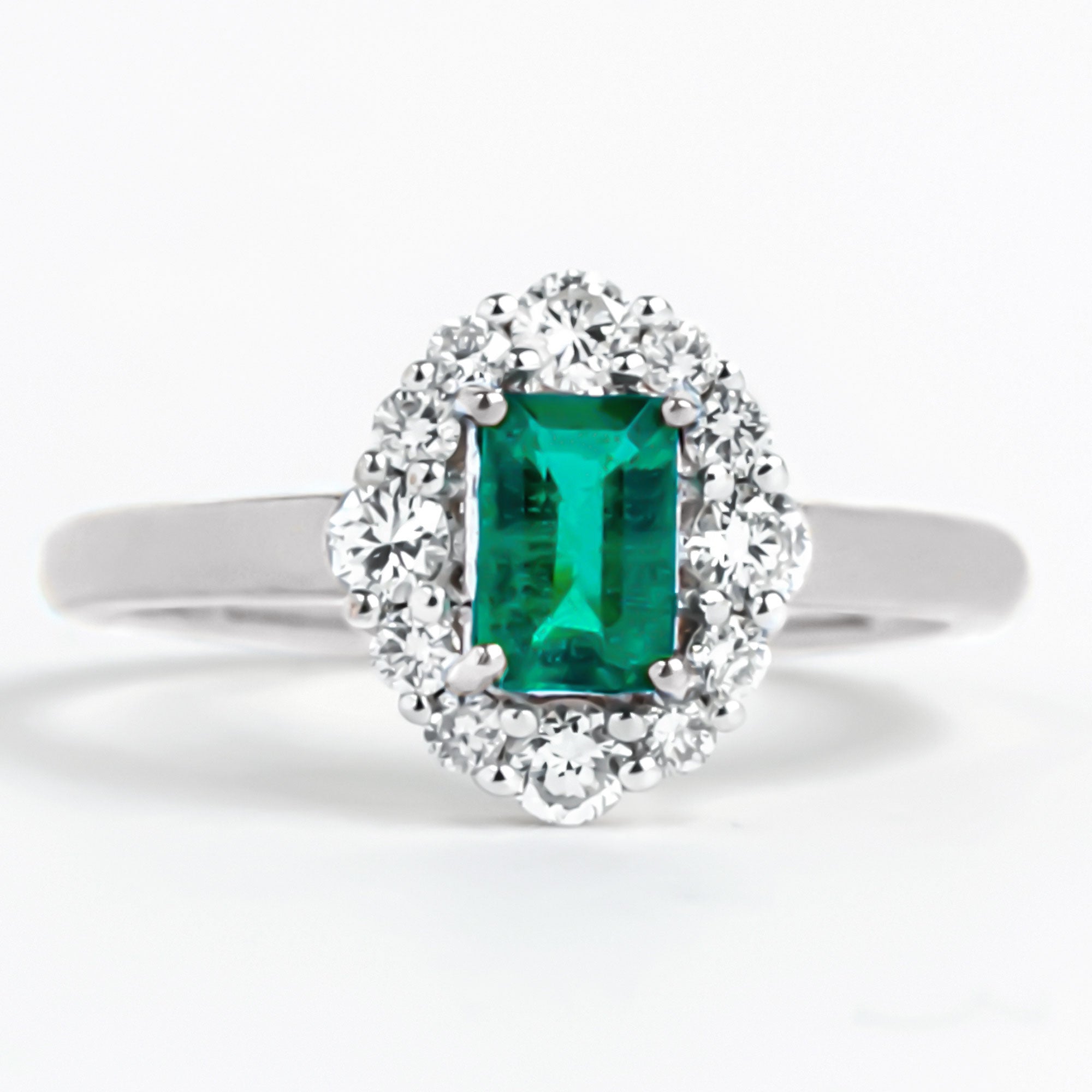 Classic Emerald Cut Emerald Engagement Ring with Diamond Halo