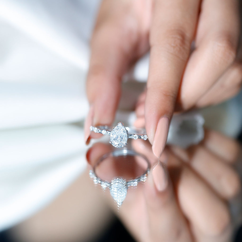 Brilliant Cut Moissanite Pear Shape Engagement Ring with Hidden Halo