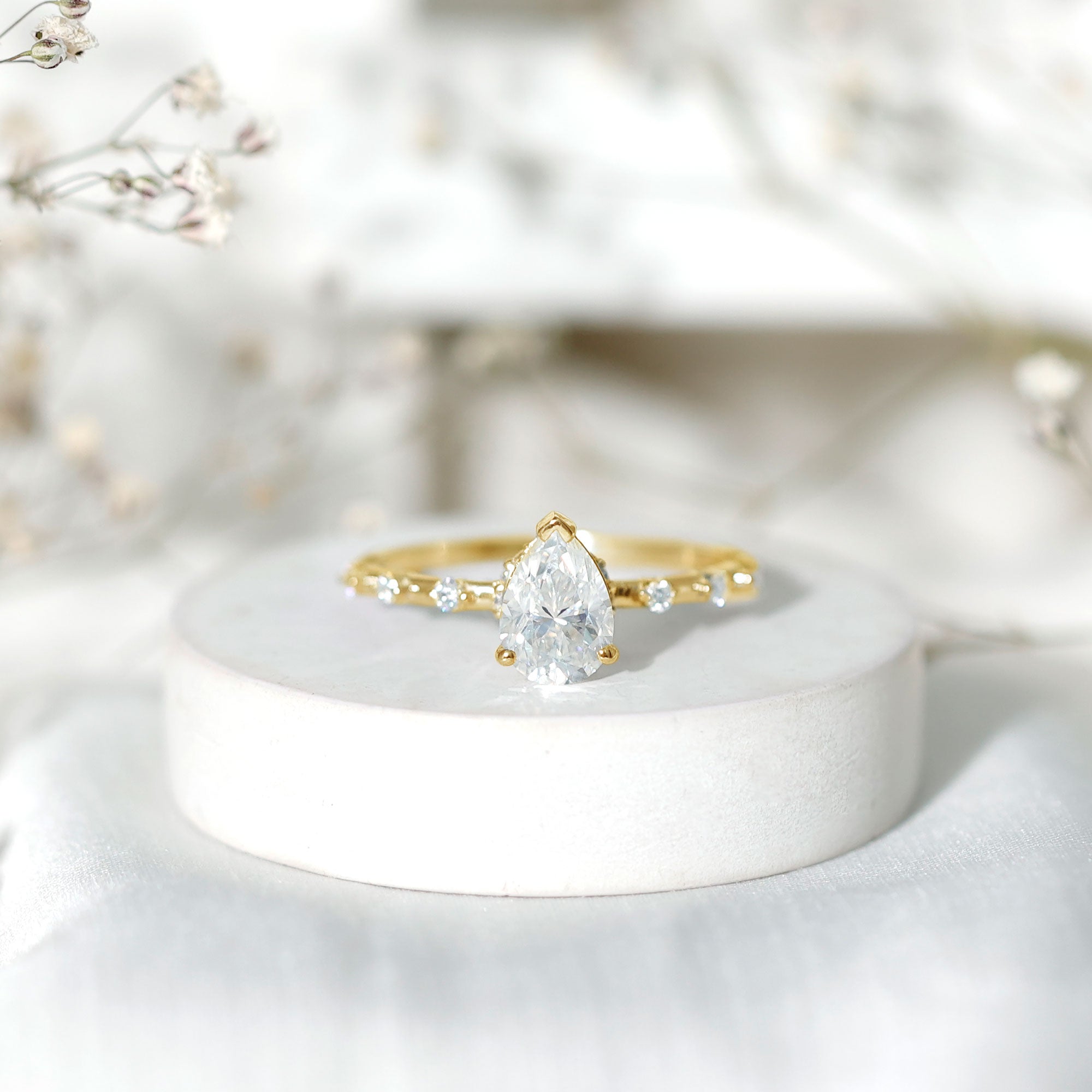 Brilliant Cut Moissanite Pear Shape Engagement Ring with Hidden Halo