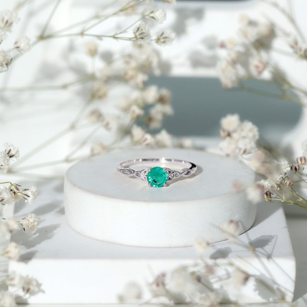 Solitaire Round Emerald Promise Ring with Celtic Band