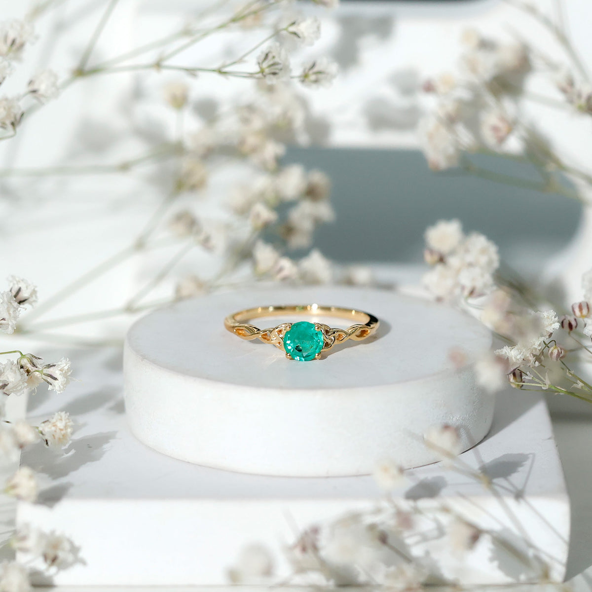 Solitaire Round Emerald Promise Ring with Celtic Band
