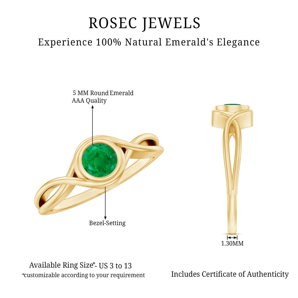 Round Cut Emerald Solitaire Ring with Crossover Band