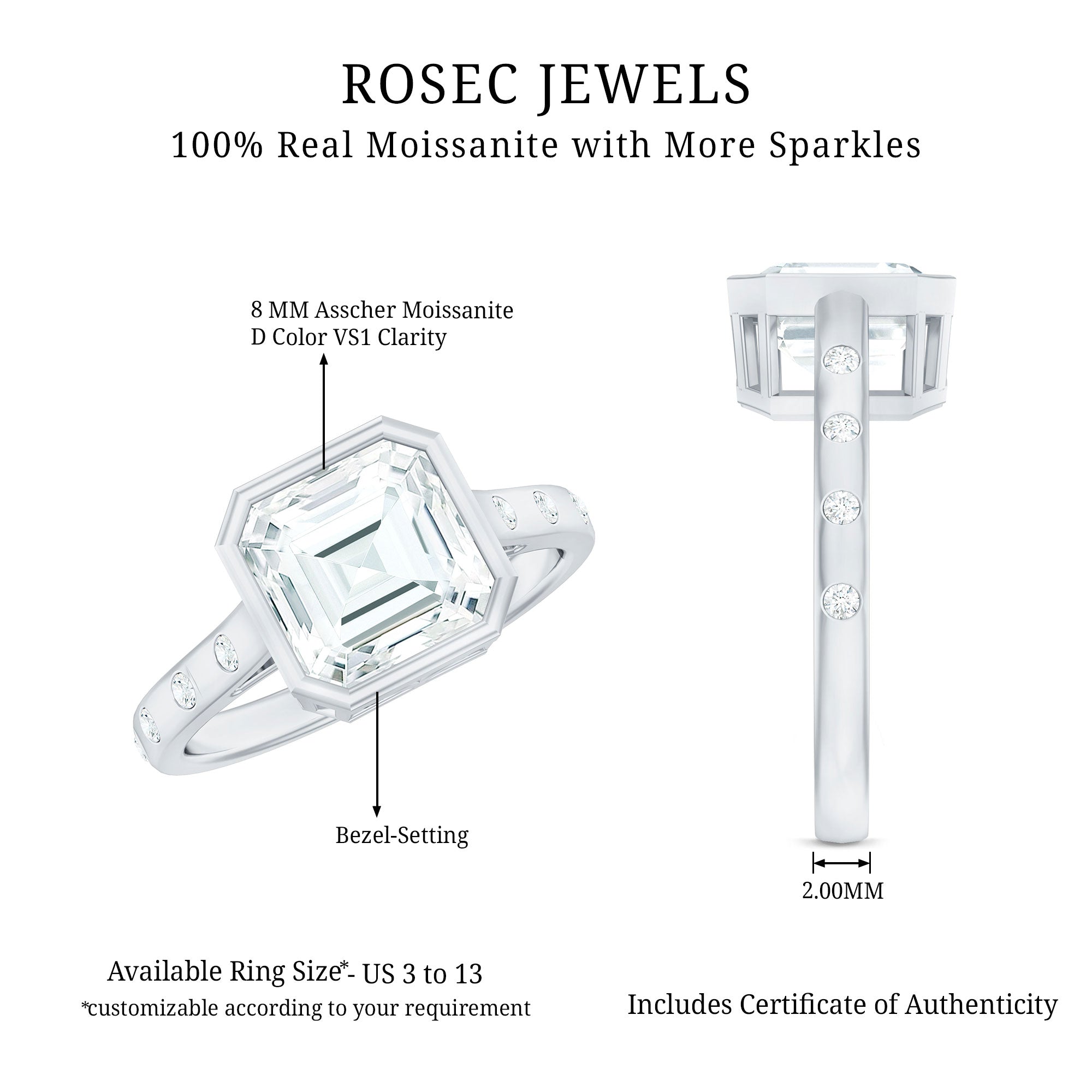 Solitaire Moissanite Asscher Cut Engagement Ring in Bezel Setting