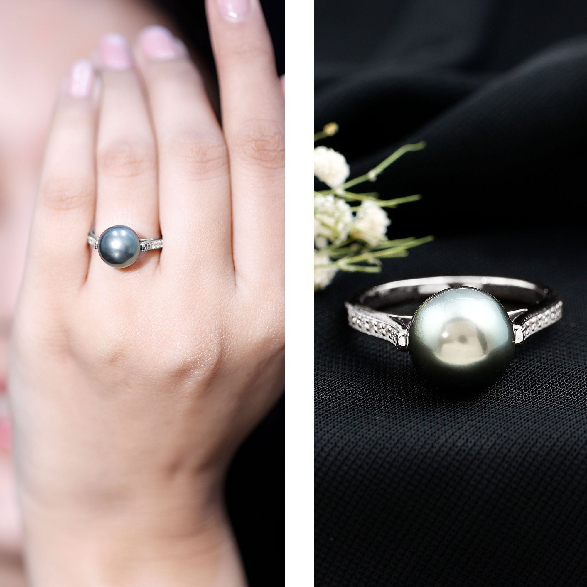 Real Tahitian Pearl Solitaire Engagement Ring with Diamond