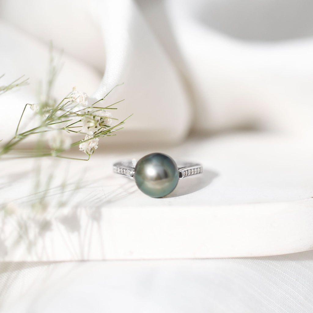 Real Tahitian Pearl Solitaire Engagement Ring with Diamond