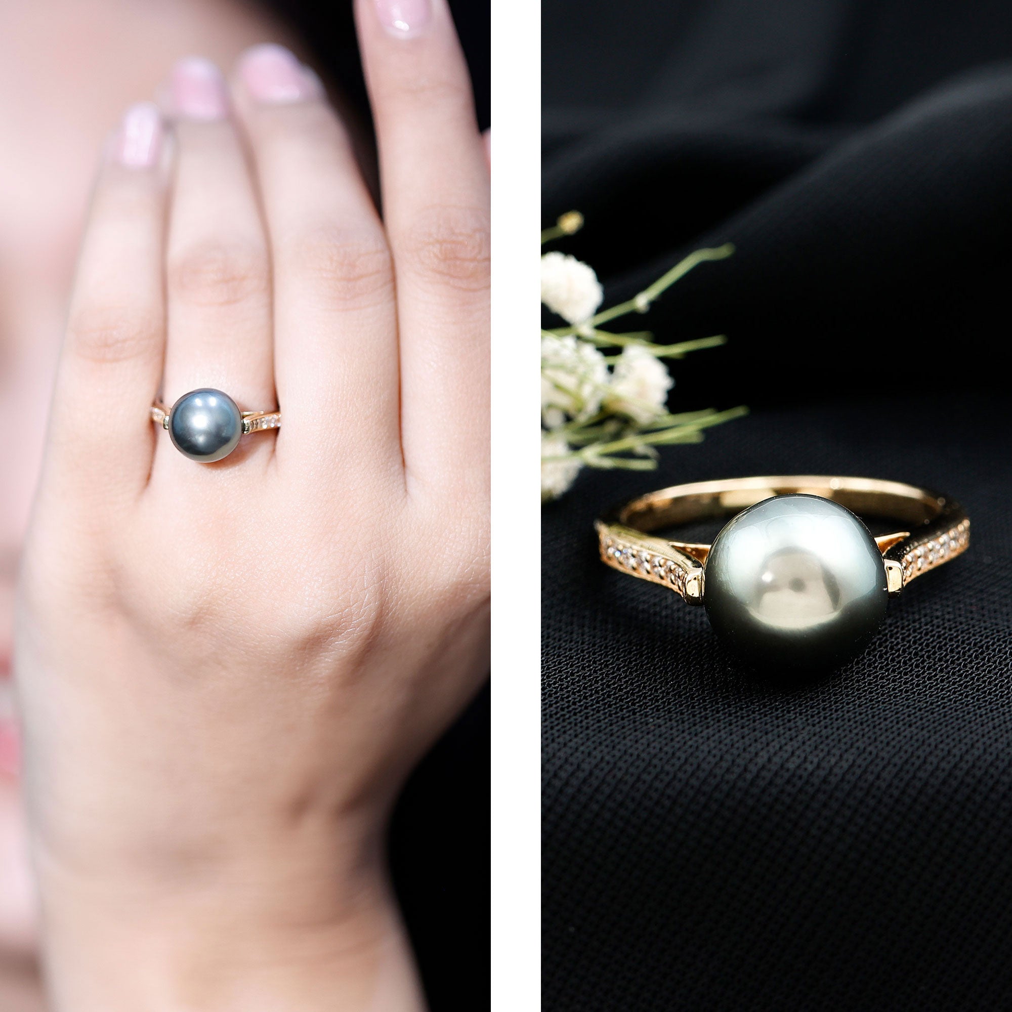 Real Tahitian Pearl Solitaire Engagement Ring with Diamond