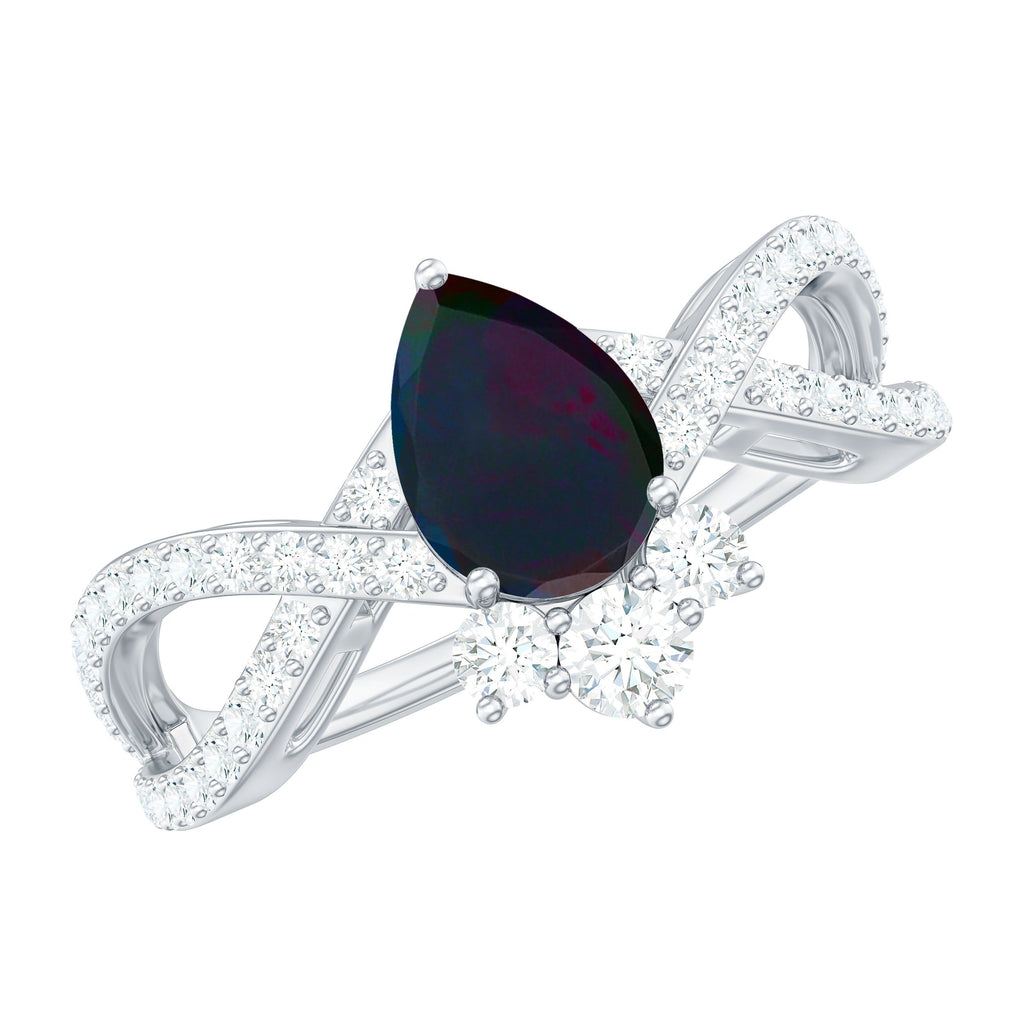 Designer Black Opal Teardrop Crossover Ring with Diamond