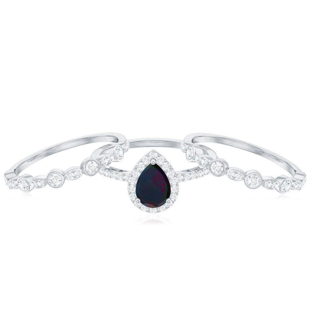 0.7 Carat Pear Cut Black Opal Trio Wedding Ring Set with Moissanite