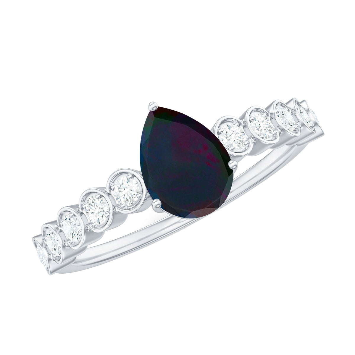 Pear Cut Black Opal and Diamond Side Stone Engagement Ring