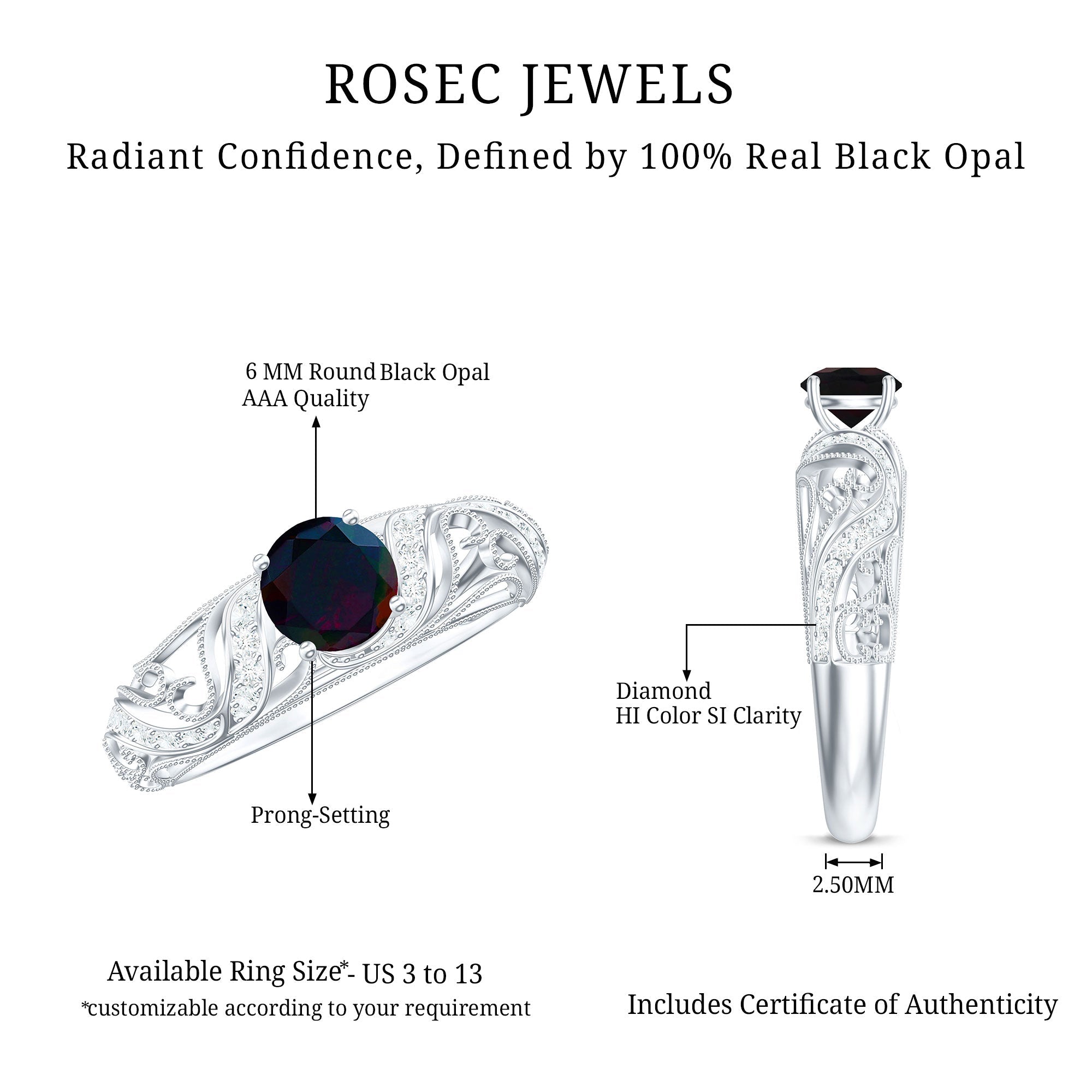 Natural Black Opal Vintage Inspired Engagement Ring