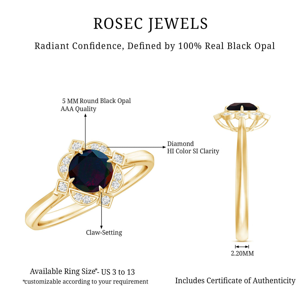 Vintage Inspired Black Opal and Diamond Engagement Ring