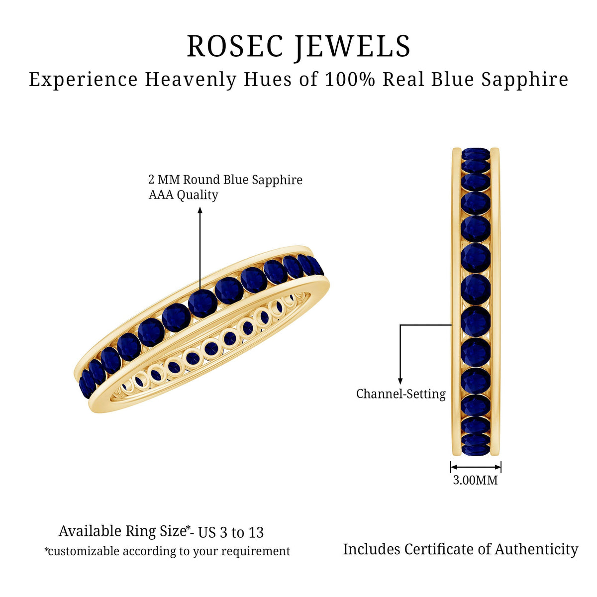 Natural Blue Sapphire Eternity Stackable Ring for Women