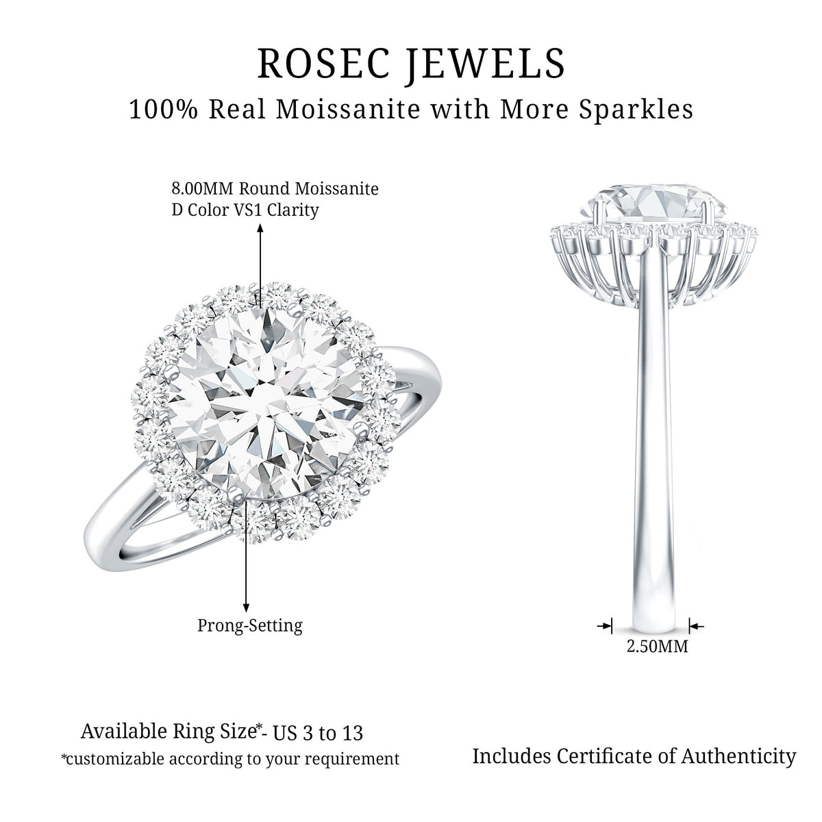 Classic Round Cut Moissanite Big Engagement Ring