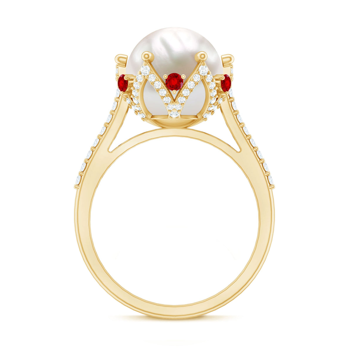 Designer 8 Carat Freshwater Pearl Engagement Ring with Ruby and Moissanite