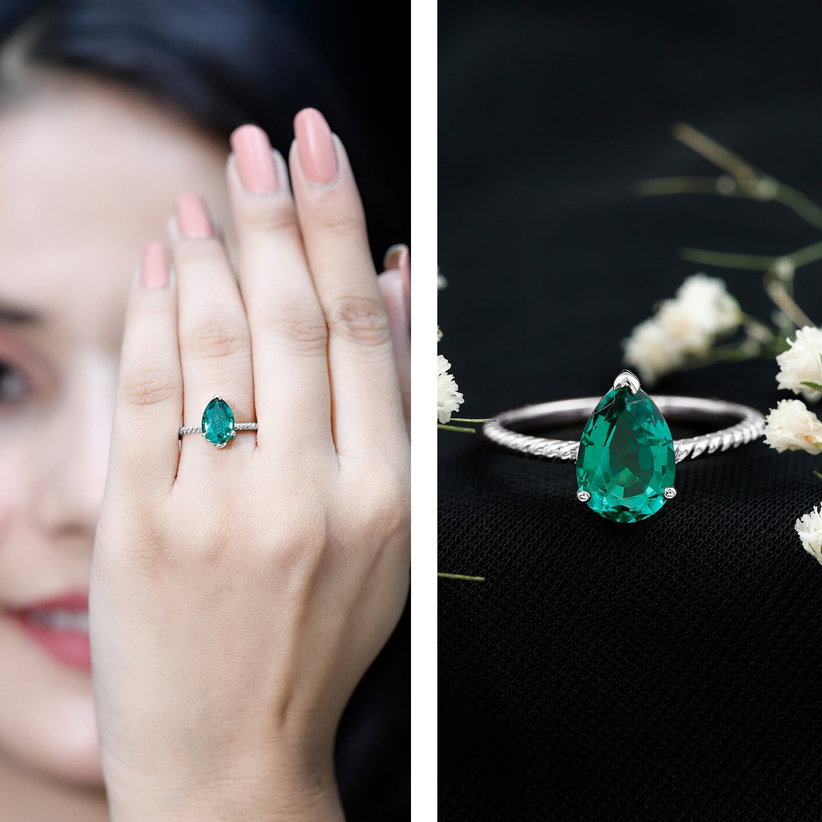 2 Carat Lab Created Emerald Pear Shape Engagement Ring with Surprise Diamond