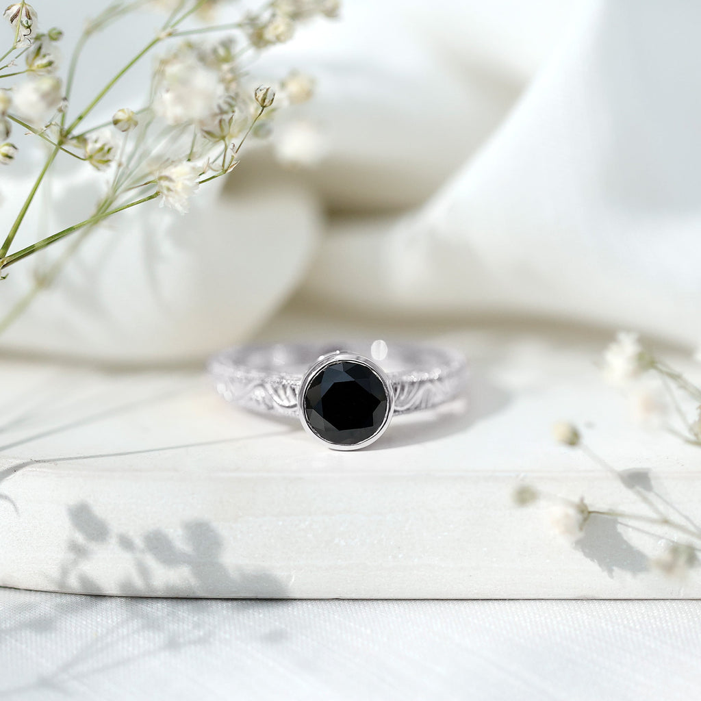 Vintage Style 2 Carat Lab Grown Black Diamond Bezel Set Engagement Ring