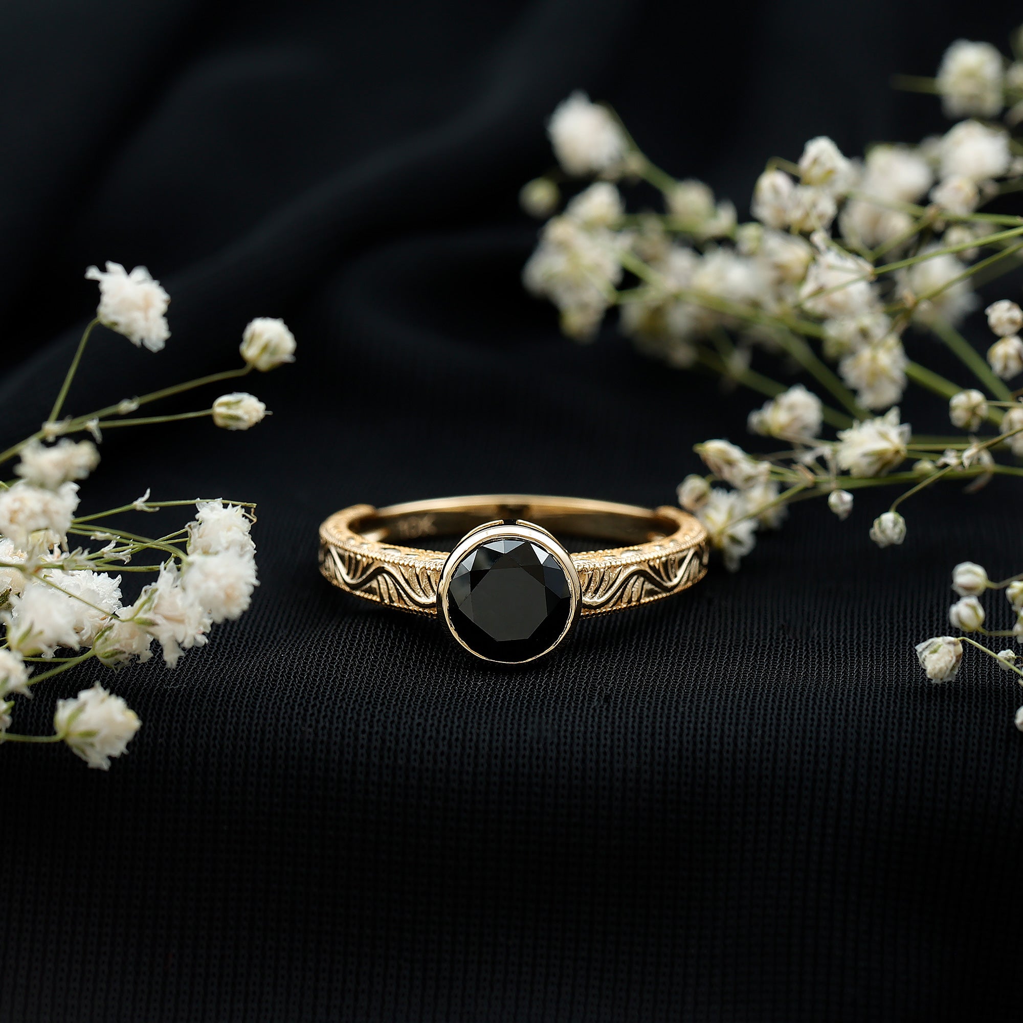 Vintage Style 2 Carat Lab Grown Black Diamond Bezel Set Engagement Ring