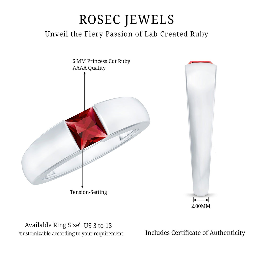Princess Cut 1.5 Carat Lab Grown Ruby Solitaire Band Ring with Certificate