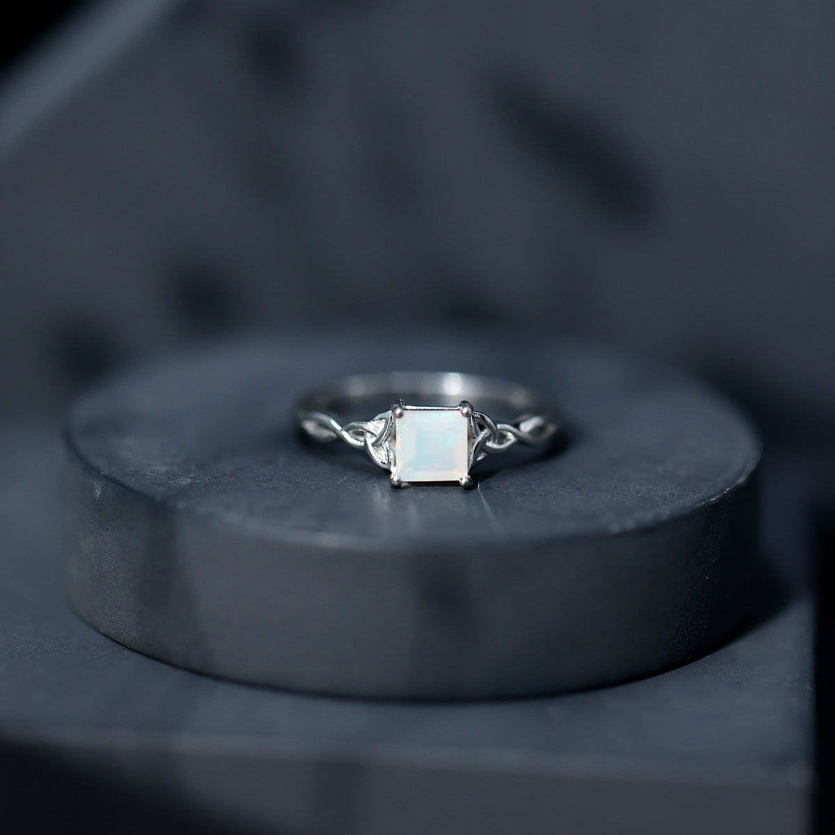 Genuine Princess Cut Ethiopian Opal Promise Ring with Celtic Knot