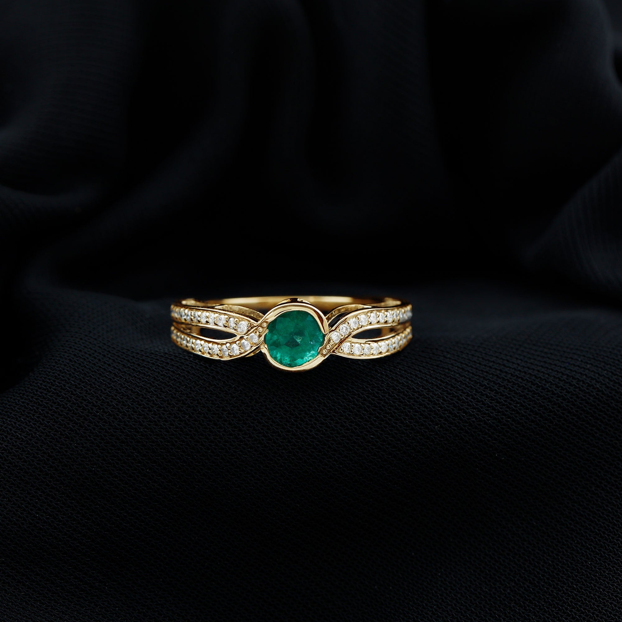 Round Cut Genuine Emerald and Diamond Designer Engagement Ring