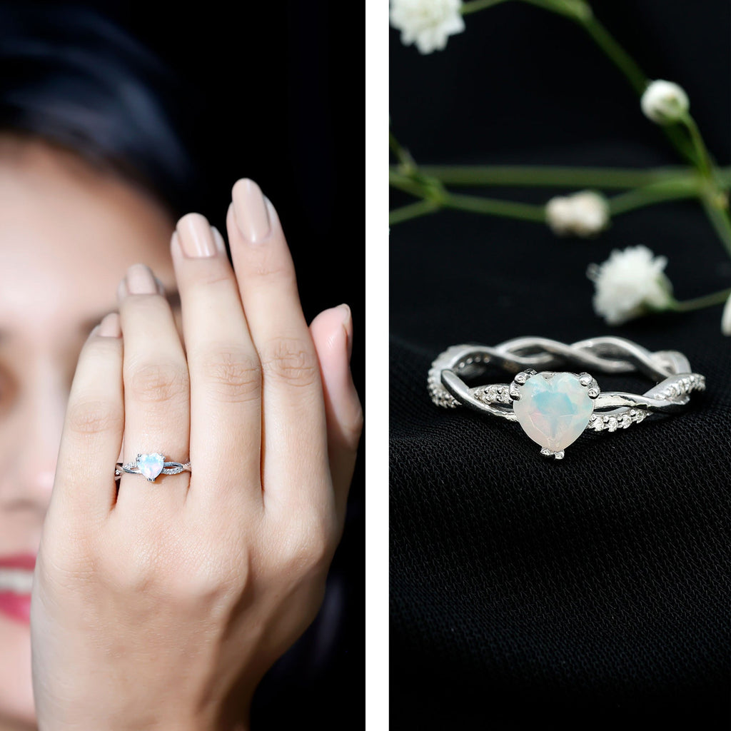 Natural Ethiopian Opal Diamond Heart Promise Engagement Ring