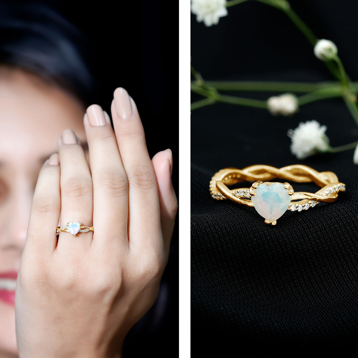 Natural Ethiopian Opal Diamond Heart Promise Engagement Ring