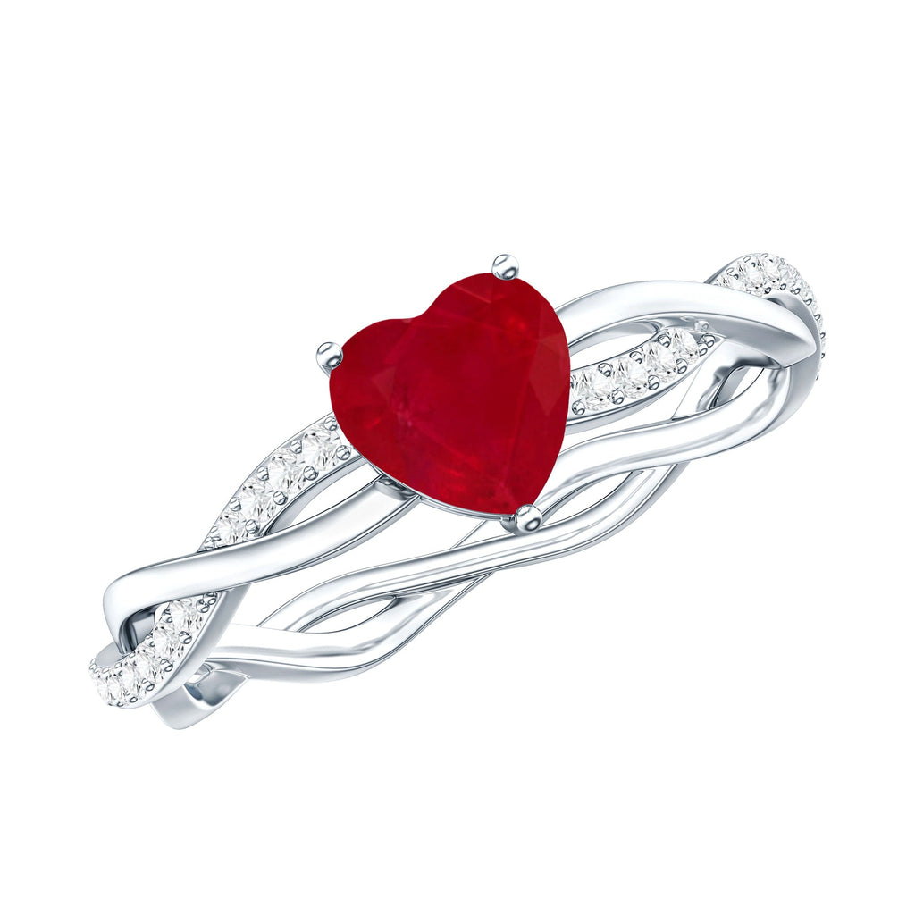 Natural 0.6 Carat Ruby Heart Engagement Ring with Diamond Braided Shank