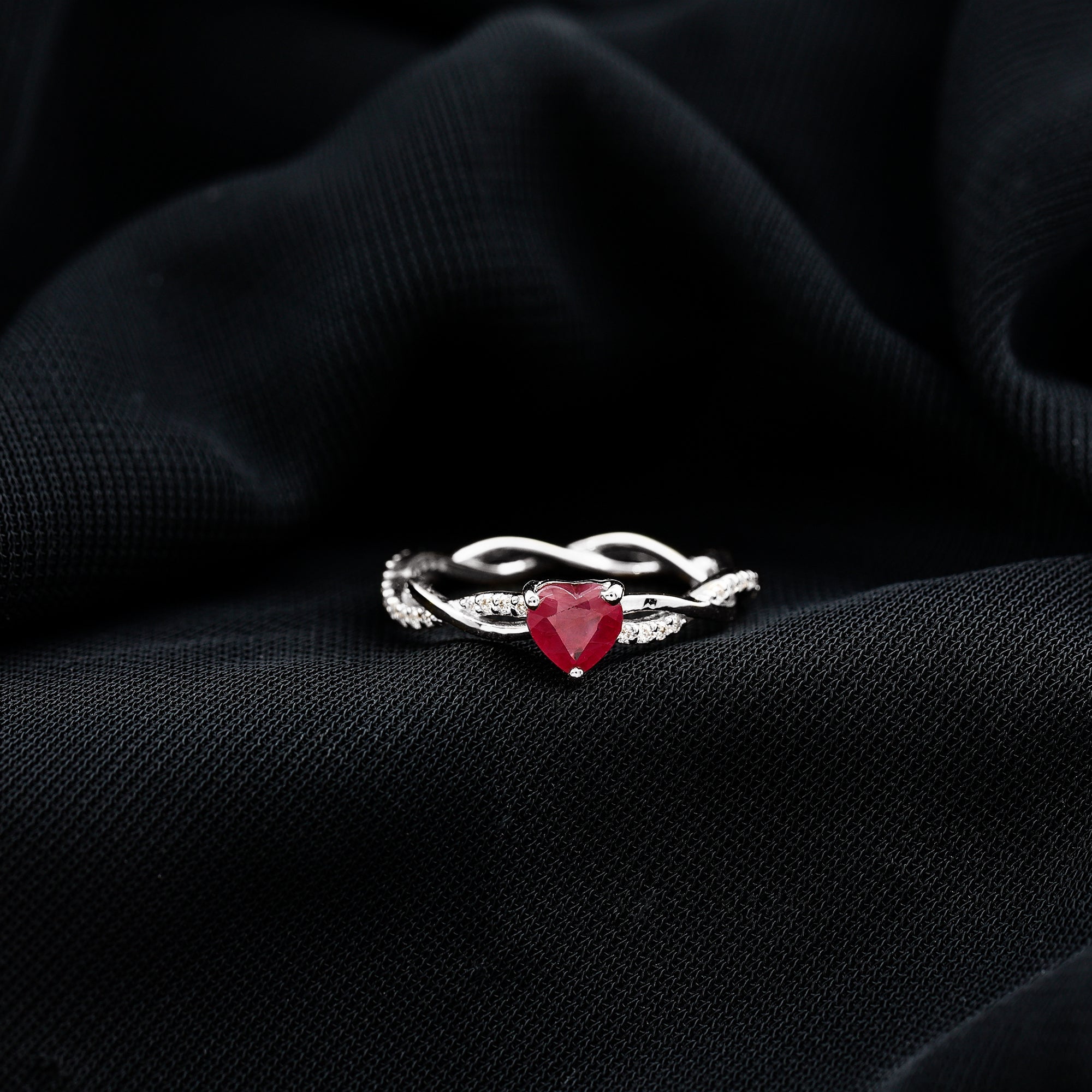Natural 0.6 Carat Ruby Heart Engagement Ring with Diamond Braided Shank