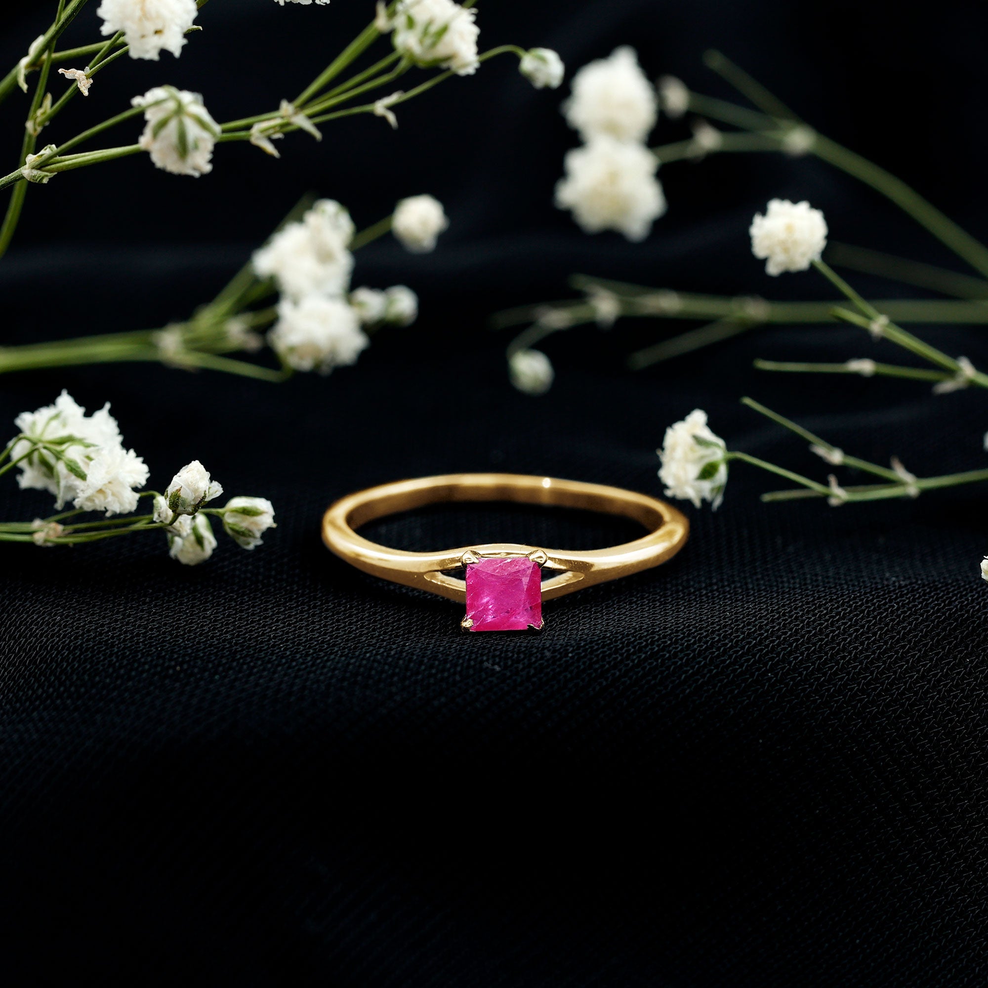 Natural Half Carat Princess Cut Ruby Promise Ring with Split Shank