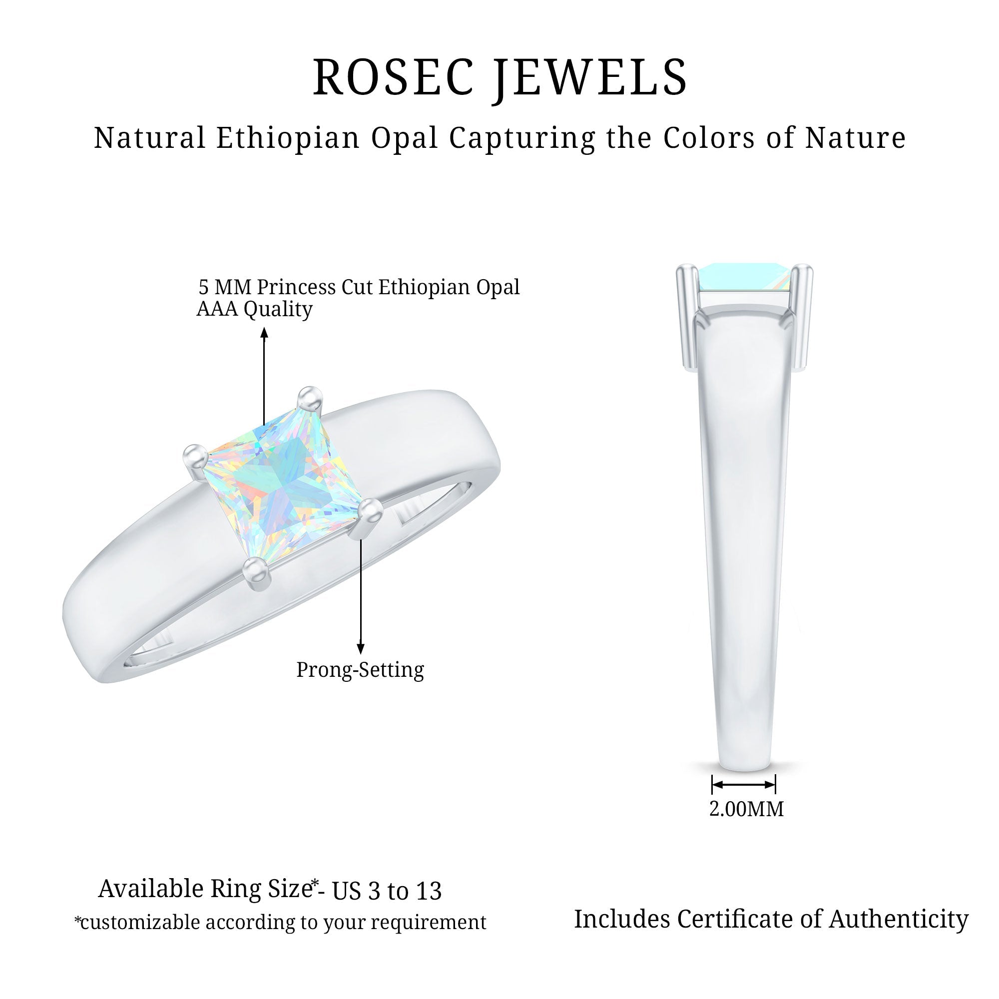 Certified Real Ethiopian Rainbow Opal Princess Cut Engagement Ring