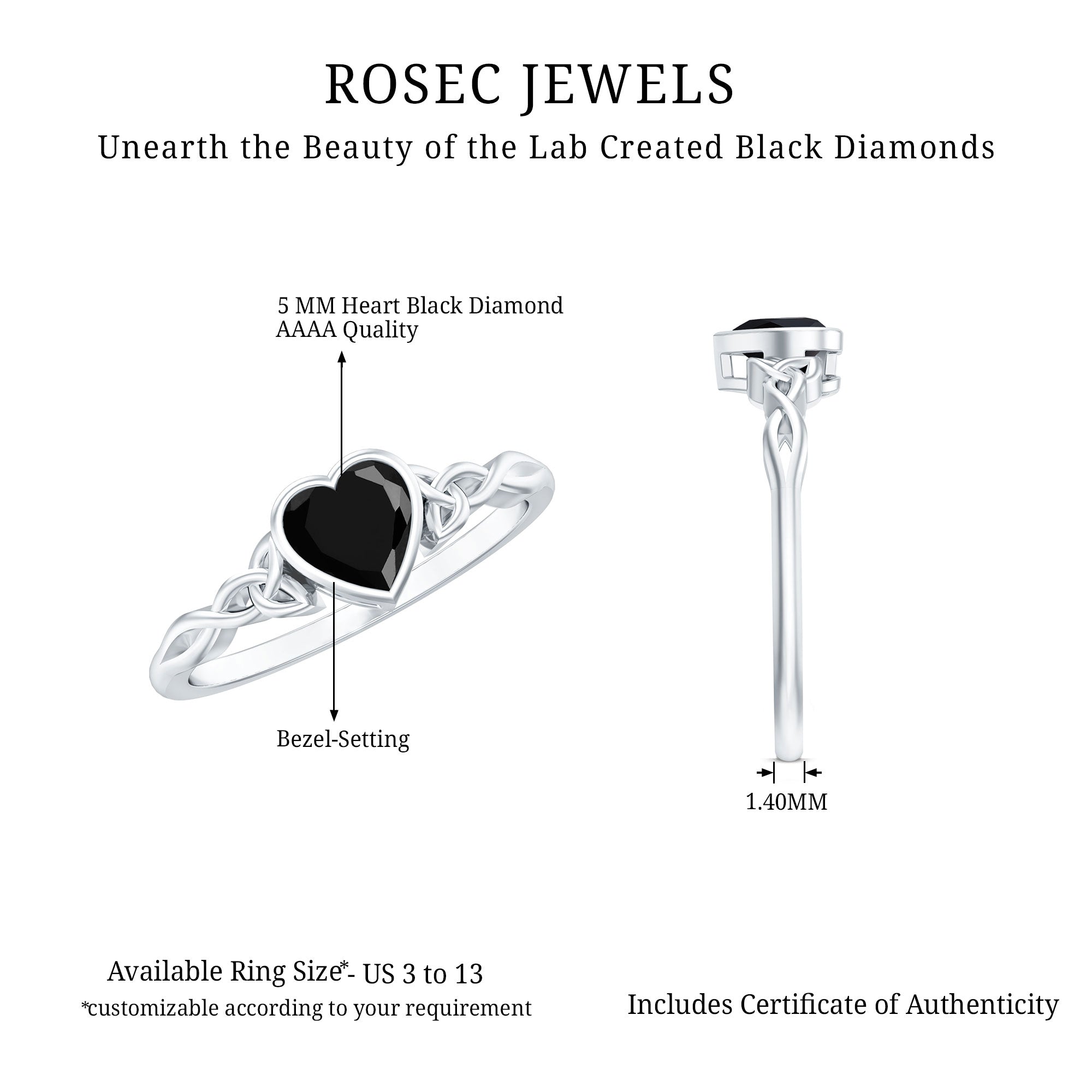 Certified 0.6 Carat Lab Grown Black Diamond Heart Promise Ring with Celtic Knot
