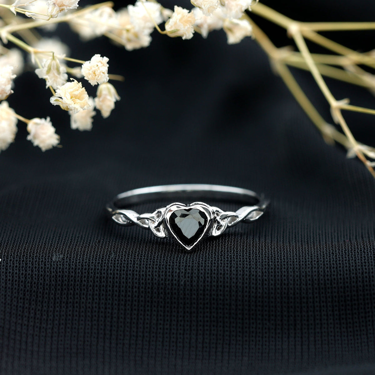 Certified 0.6 Carat Lab Grown Black Diamond Heart Promise Ring with Celtic Knot
